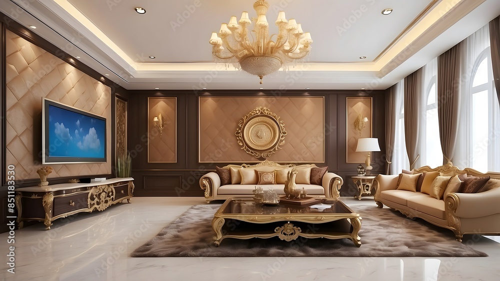 Royal luxury living room interior design with TV, tan and white colors ...