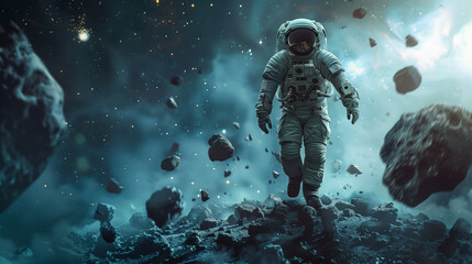 Astronaut walking on a floating rocky planet, mysterious outer space scene with floating rocks, Ai generated Images