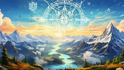 Sticker - Alpine vista with misty liquid clouds, hexagon sky, a high-flying butterfly, and a mountain-themed compass.
