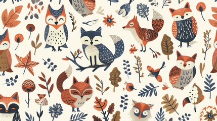 Wall Mural - Flat illustration of woodland creatures like foxes and owls in a seamless pattern for a rustic theme.