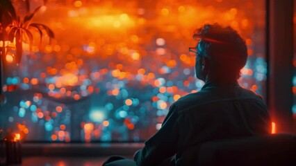 Aufkleber - A person sits in a chair and looks out a window at a city skyline, illuminated by warm and cool-toned lights. The person is participating in a virtual therapy session, possibly utilizing holographic
