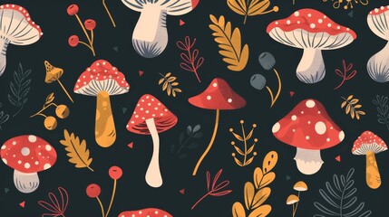 Flat design of whimsical plants and mushrooms in a seamless pattern for a fairy-tale theme.