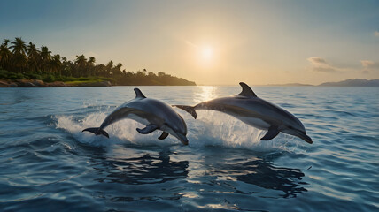 Two dolphins leaping out of the water against a sunset backdrop, with colorful fish and vibrant coral reefs in the ocean. Fish research.