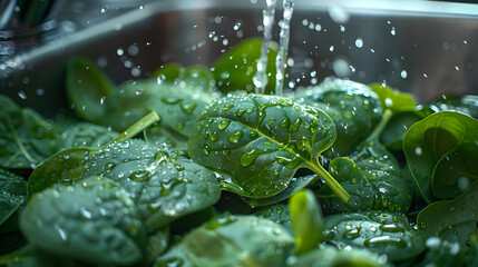 Wall Mural - Fresh Spinach Leaves Being Washed in Kitchen Sink with Water Droplets and Sunlight
