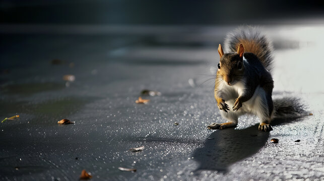 Squirrel on Wet Pavement with Sunlight and Shadows in Urban Park Setting