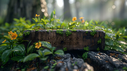 Sticker - Enchanting Forest Scene with Wooden Sign and Yellow Flowers in a Lush Green Environment