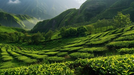 A verdant tea plantation sprawls across a mountainside, with tea bushes in meticulous, landscape-harmonious rows.