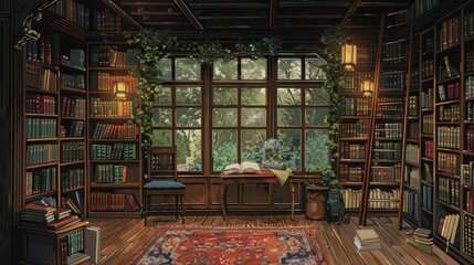 Wall Mural - a cozy reading nook with a wood and brown desk, adorned with an open book and a green pillow, set against a backdrop of a large glass window and a wooden floor