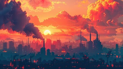 an orange sky frames a cityscape at sunset, with smoke billowing in the distance