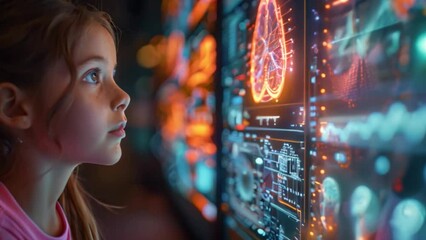 Aufkleber - A young girl looks intently at a holographic medical display showing a 3D rendering of an organ. The futuristic technology may be used for pediatric check-ups.