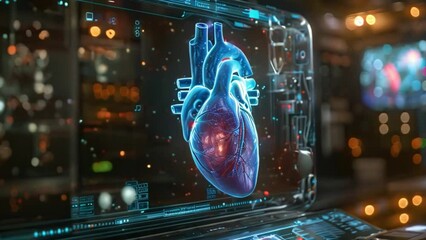 Aufkleber - A futuristic holographic display showing a detailed 3D model of a human heart, used for a cardiology consultation.