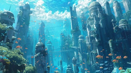 Wall Mural - a vibrant underwater cityscape featuring a variety of colorful fish, including orange, blue, and small orange fish, as well as a large building in the background