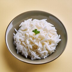 Wall Mural - Boiled cooked white Basmati rice on yellow background