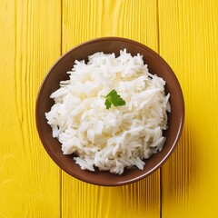 Wall Mural - Boiled cooked white Basmati rice on yellow wooden background