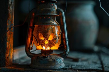 A scary old Halloween lantern on black, pumpkin - generative ai
