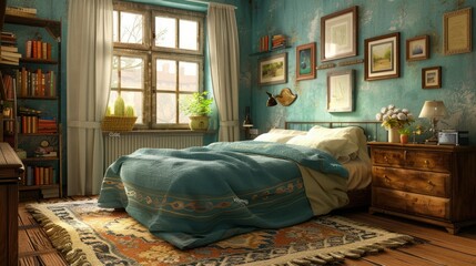 Wall Mural - a cozy bedroom with a wood bed and blue blanket, adorned with white pillows and a potted plant the room features a large window with white curtains, a white radiator,