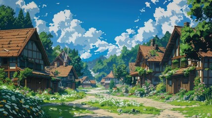 Wall Mural - a picturesque village nestled among lush green trees under a clear blue sky, with a brown roofed building and a white flower adding to the charming ambiance