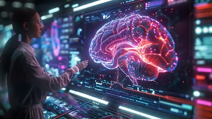 Leinwandbilder - A woman in a white shirt interacts with a holographic display showing a detailed visualization of a human brain during a virtual gastroenterology consultation.