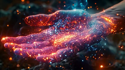 Aufkleber - An abstract image depicting a hand engulfed in holographic light and data, representing the future of neurology consultations.