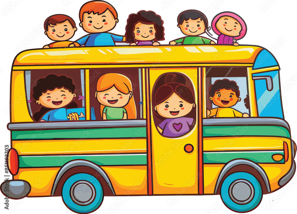 Cute happy School bus cartoon with children character on white ...