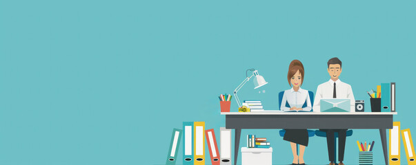 Poster - A woman and a man are sitting at a desk with a laptop. The desk is cluttered with various items such as books, a cup, and a mouse