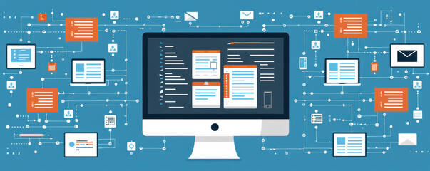 Poster - A computer monitor displays a complex web of information, including emails, text messages, and other digital content. Concept of a busy, interconnected digital world
