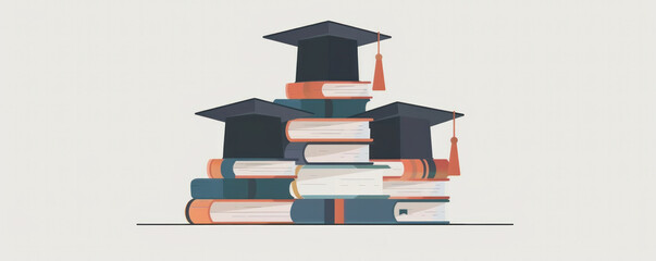 Poster - Three books stacked on top of each other with a black cap on top of the stack. The cap is attached to the book with a string