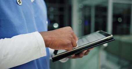 Wall Mural - Hands, person and nurse with tablet in hospital for patient information, appointment and schedule. Database, medical and healthcare practitioner with technology for telehealth, service and medicine