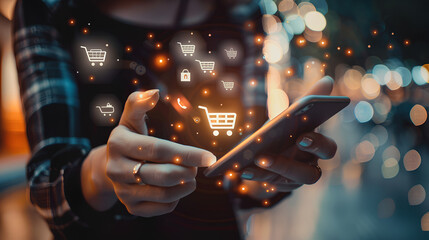 Close-up of hands holding a smart phone with shopping icon