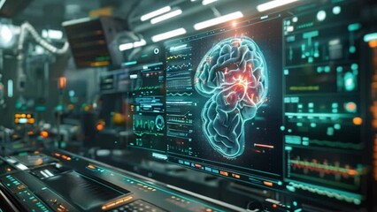 Leinwandbilder - A holographic image of a brain appears on a medical monitor in a hospital setting. A blurred figure is visible in the background.