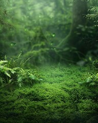 Wall Mural - Green moss and background. Backdrop for displaying products. Dark forest background - generative ai