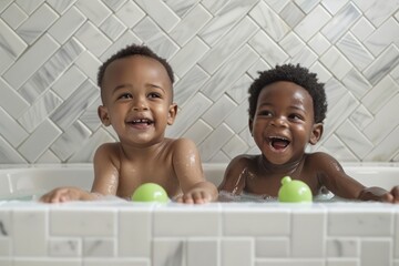 Wall Mural - Two black children were playing with green water toys in a white bathtub, laughing happily. Bathroom toy