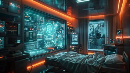 Aufkleber - A futuristic hospital room with a large holographic display showing vital signs and medical data.