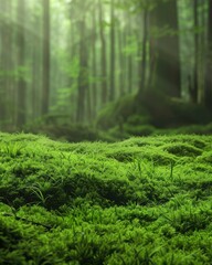 Wall Mural - Green moss and background. Backdrop for displaying products. Dark forest background - generative ai