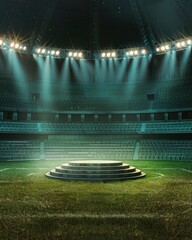 Poster - podium in the center of a stadium, of empty seats and light flashes. The podium is simple and perfect to show your product, the playground of grass inside the soccer football - generative ai