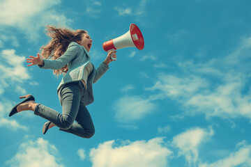 Beautiful business woman flying on blue sky background, jumping and shouting on megaphone