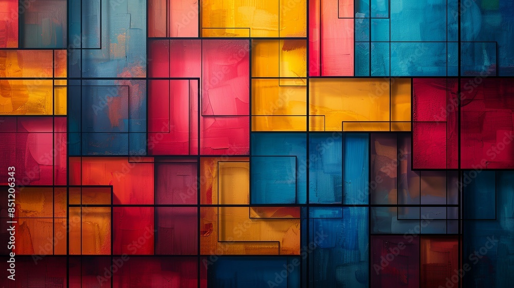 A vibrant geometric design featuring a grid of overlapping squares and ...
