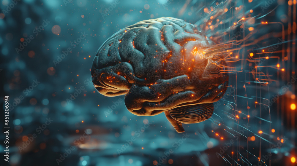 3D rendering of brain and digital code background as server room ...