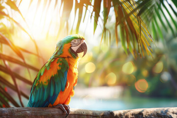 colorful parrot bird on a tropical background with palm trees and soft sunlight, a blurred nature landscape. beautiful colorful macaw