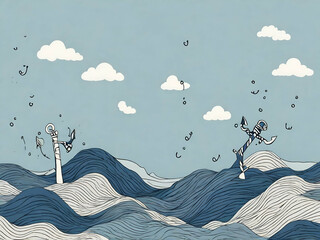 Wall Mural - abstract childish hand drawn line art Blue waves cloud and anchors