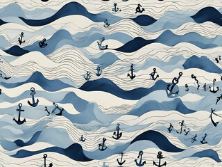 Wall Mural - abstract childish Cute hand drawn Blue waves and anchors