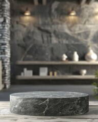 Stone podium on stone platform 3d illustration, gray stone pedestal for product display stand, shop room and blurred background, shop room view --ar 4:5 Job ID: 8b93938b-545b-449f-a790-38da5a6bace7