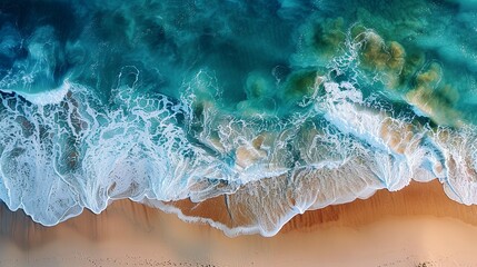 Poster - Abstract aerial view of a beach, where the patterns created by the waves and the varying textures of the sand and seaweed form a visually captivating coastal scene. Abstract Backgrounds Illustration,
