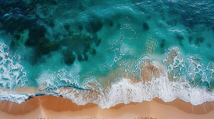 Canvas Print - Abstract aerial view of a beach, where the patterns created by the waves and the varying textures of the sand and seaweed form a visually captivating coastal scene. Abstract Backgrounds Illustration,