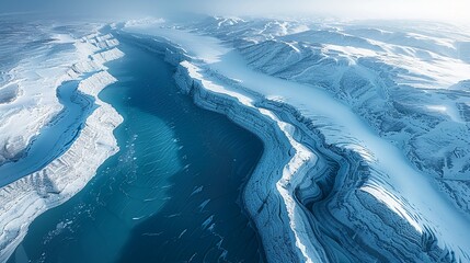 Poster - Aerial photograph of a glacier, where the intricate patterns created by the ice and the varying shades of blue and white create a stunning and abstract natural landscape. Abstract Backgrounds