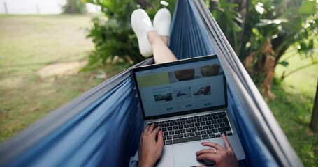Poster - Hands, woman and typing on laptop in hammock, remote work and planning on website for agenda. Female person, fingers and journalist for research on article, editing and networking on app for project