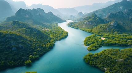 Poster - Aerial view of a mountainous region with a river running through it, where the natural contours of the land and the flowing water create a dynamic and abstract landscape. Abstract Backgrounds