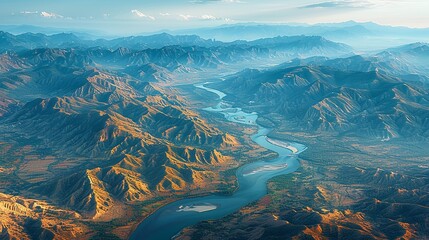 Poster - Aerial view of a mountainous region with a river running through it, where the natural contours of the land and the flowing water create a dynamic and abstract landscape. Abstract Backgrounds