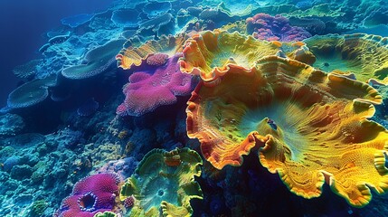 Poster - Close-up aerial view of a coral reef, where the vibrant colors and intricate patterns of the coral formations create a stunning underwater abstract landscape. Abstract Backgrounds Illustration,