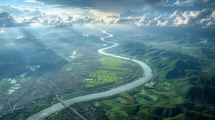 Wall Mural - Detailed aerial view of a city with a river running through it, where the interplay of natural and urban elements creates a harmonious and abstract landscape. Abstract Backgrounds Illustration,
